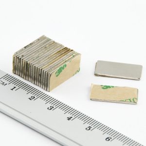 Neodymium magnet, block, 20x10x1 mm, self-adhesive (south pole on side without backing) - N38