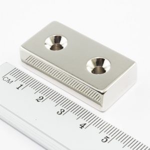 Neodymium magnet, block, 40x20x10 mm, with 2 holes, double-sided - N38