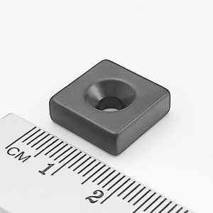 Neodymium magnet, block, 15×15×5 mm, with hole M4 (north pole on the countersunk side) epoxy - N42