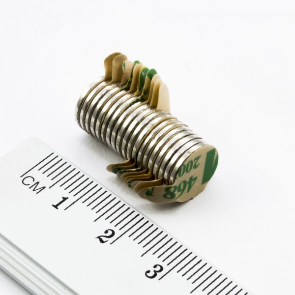Neodymium magnet, disc, 10x1 mm, self-adhesive (south pole on side without backing) - N38
