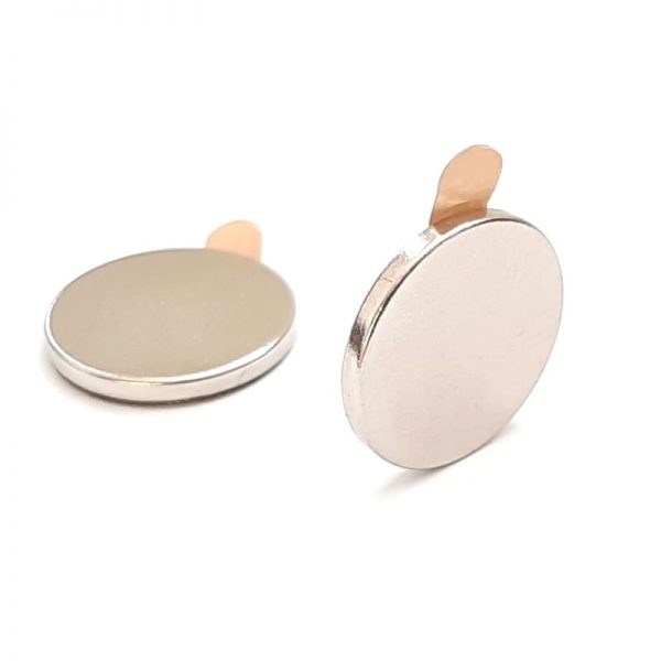 Neodymium magnet, disc, 14x1.5 mm, self-adhesive (south pole on side without backing) - N42