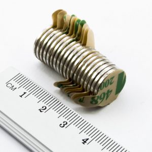 Neodymium magnet, disc, 14x1.5 mm, self-adhesive (north pole on side without backing) - N42