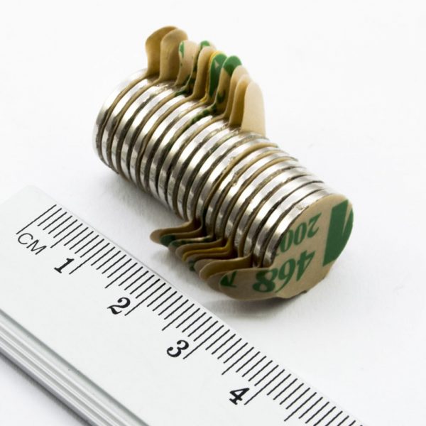 Neodymium magnet, disc, 14x1.5 mm, self-adhesive (north pole on side without backing) - N42