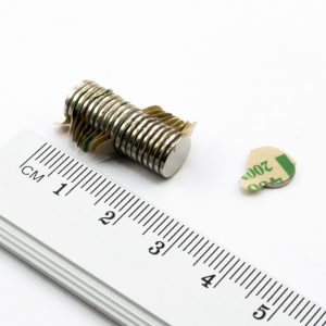 Neodymium magnet, disc, 8x0.75 mm, self-adhesive (south pole on side without backing) - N38