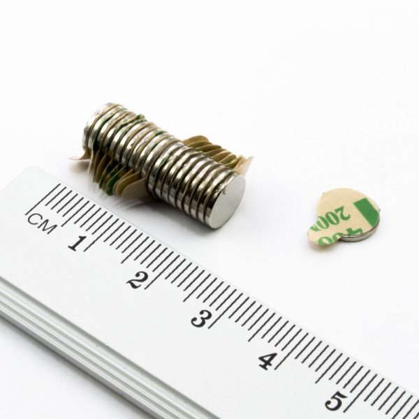 Neodymium magnet, disc, 8x0.75 mm, self-adhesive (south pole on side without backing) - N38