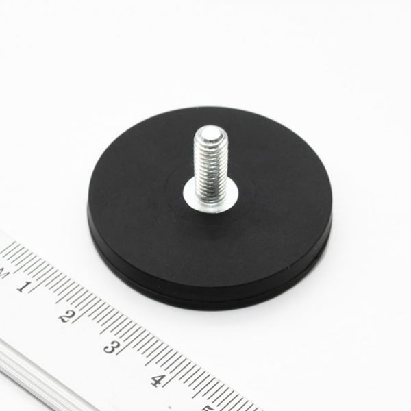 Pot magnet with threaded stud, 43x6 mm, rubber coated