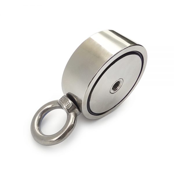Extremely strong neodymium magnet for magnet fishing - Magnet with eyebolt, double-sided - strength 2x310 kg