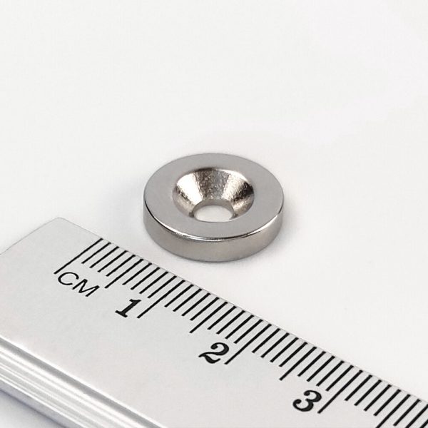 Neodymium magnet, disc, 14×3 mm, with hole M4 (south pole on the countersunk side) - N38