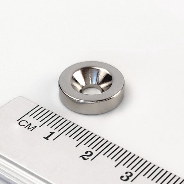 Neodymium magnet, disc, 15×4 mm, with hole M4 (north pole on the countersunk side) - N38