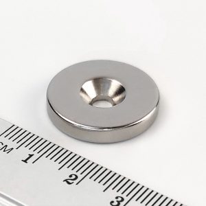 Neodymium magnet, disc, 23×4 mm, with hole M4 (north pole on the countersunk side) - N38