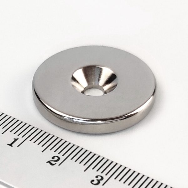 Neodymium magnet, disc, 27×4 mm, with hole M4 (north pole on the countersunk side) - N38