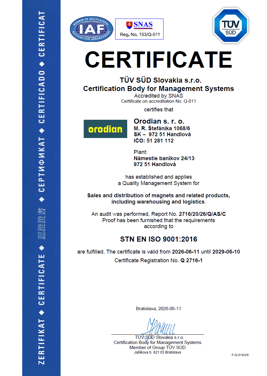 ISO 9001:2016 certificate issued to Orodian s. r. o.