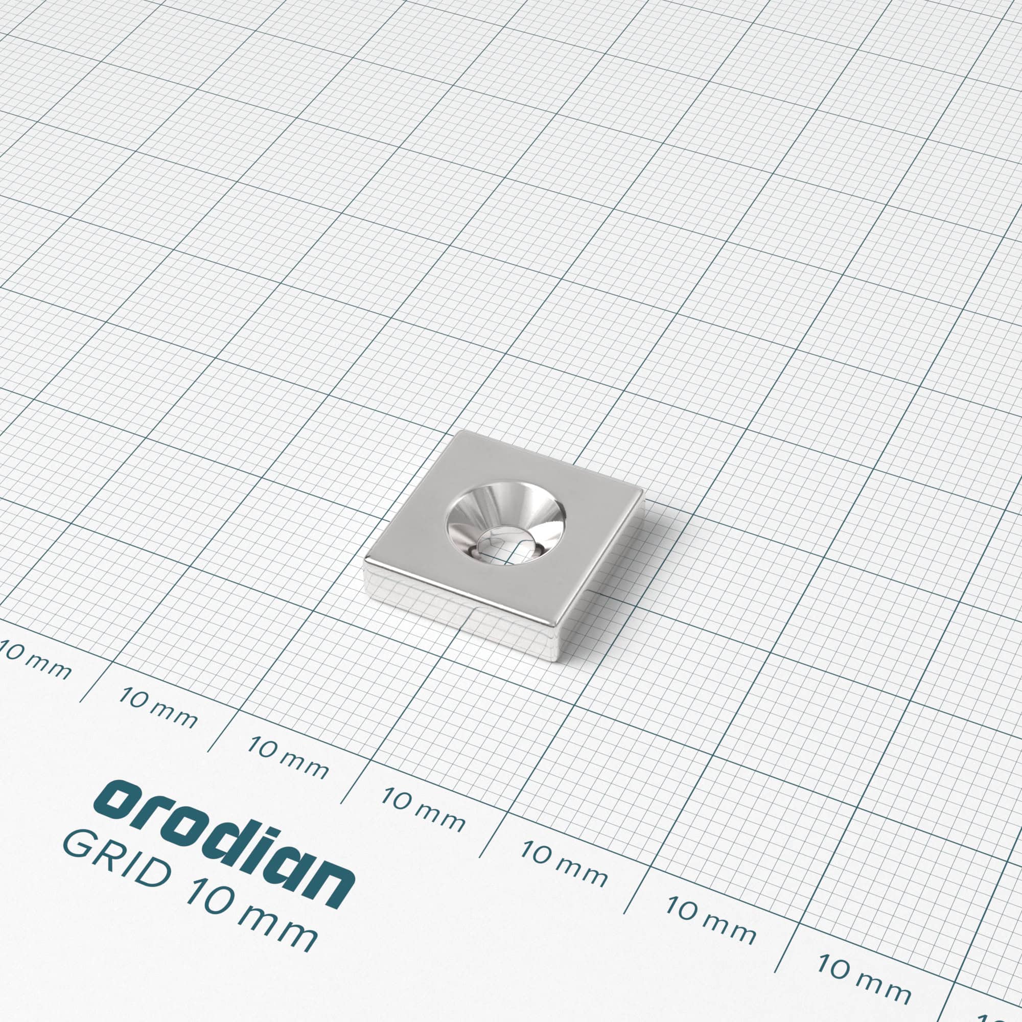 Neodymium magnet, block, 15×15×4 mm, with hole M4 (south pole on the countersunk side) - N38 - Image 2
