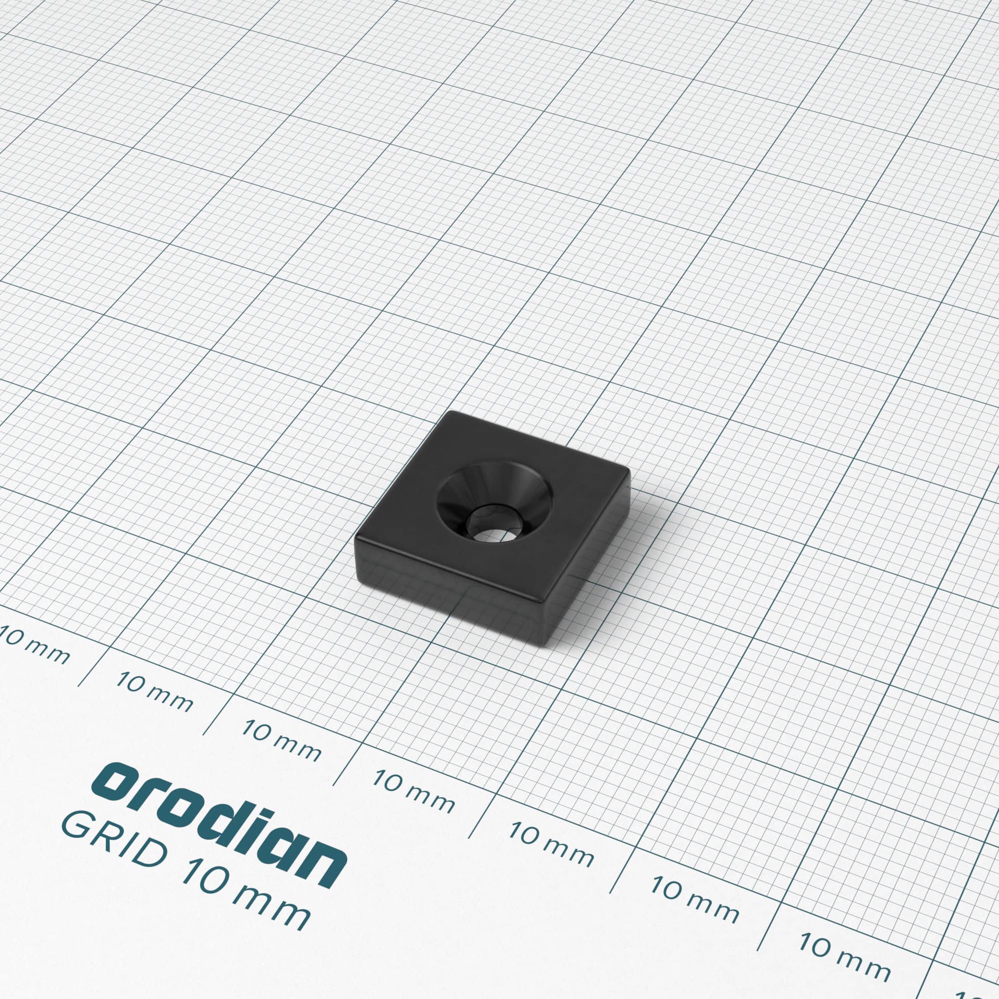 Neodymium magnet, block, 15×15×5 mm, with hole M4 (south pole on the countersunk side), epoxy - N42 - Image 2