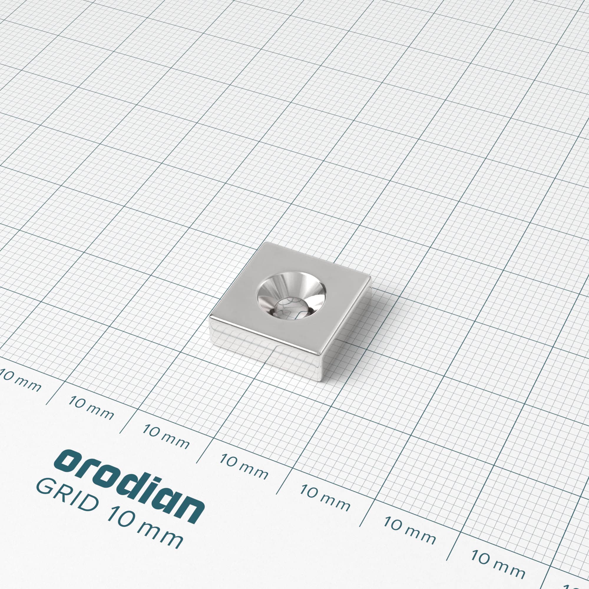 Neodymium magnet, block, 15×15×5 mm, with hole M4 (south pole on the countersunk side) - N38 - Image 2