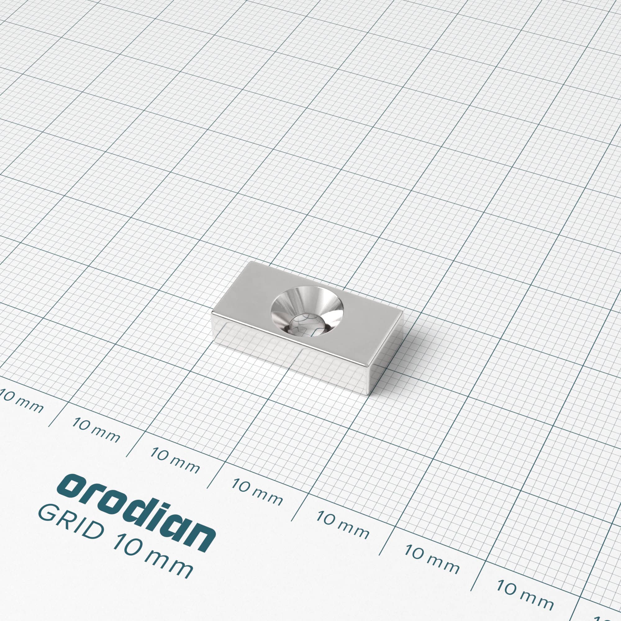 Neodymium magnet, block, 20×10×5 mm, with hole M4 (north pole on the countersunk side) - N38 - Image 2