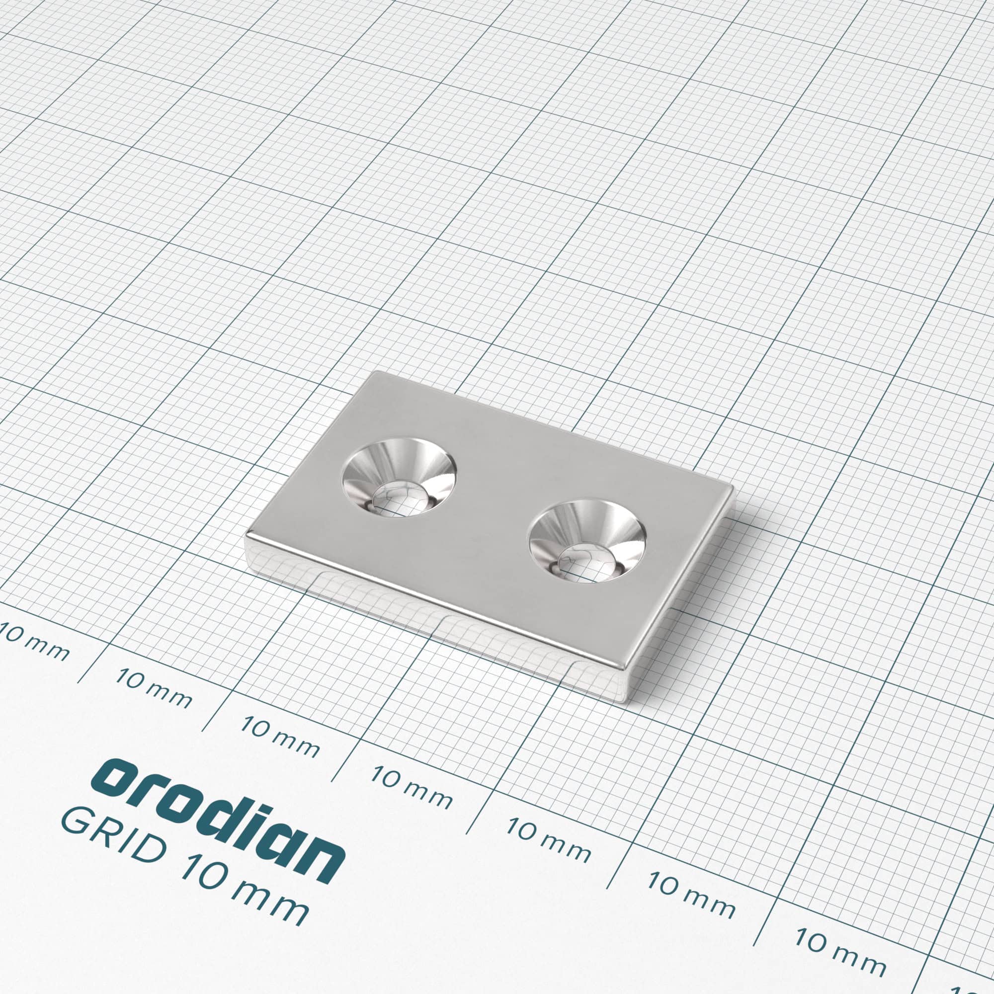 Neodymium magnet, block, 30×20×4 mm, with 2 holes M4 (north pole on the countersunk side) - N38 - Image 2