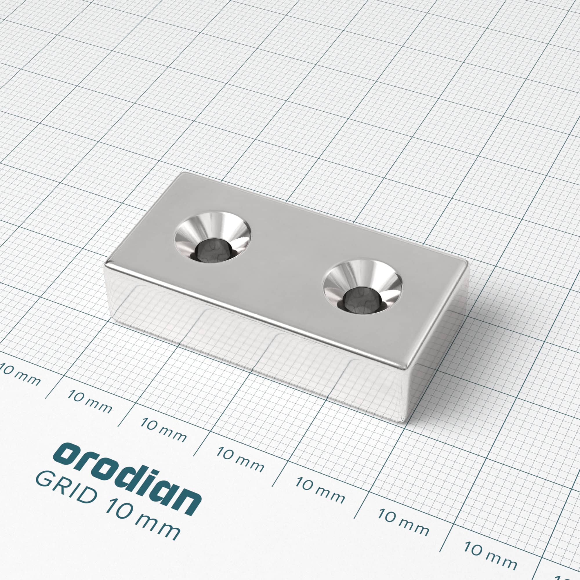 Neodymium magnet, block, 40×20×10 mm, with 2 holes M4, double-sided - N38 - Image 2