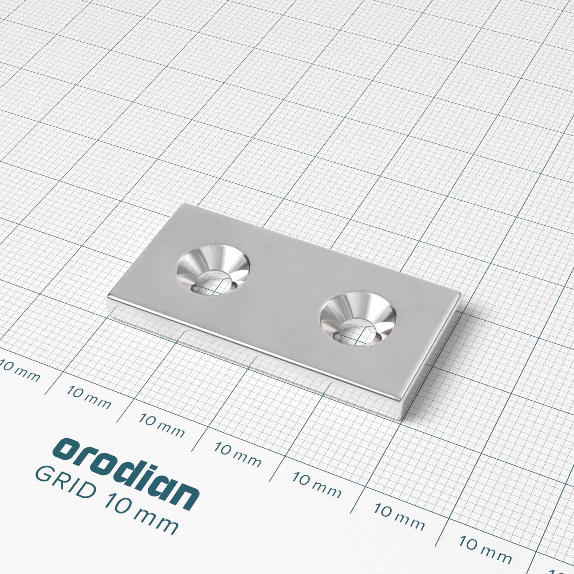 Neodymium magnet, block, 40×20×4 mm, with 2 holes M4 (south pole on the countersunk side) - N38 - Image 2