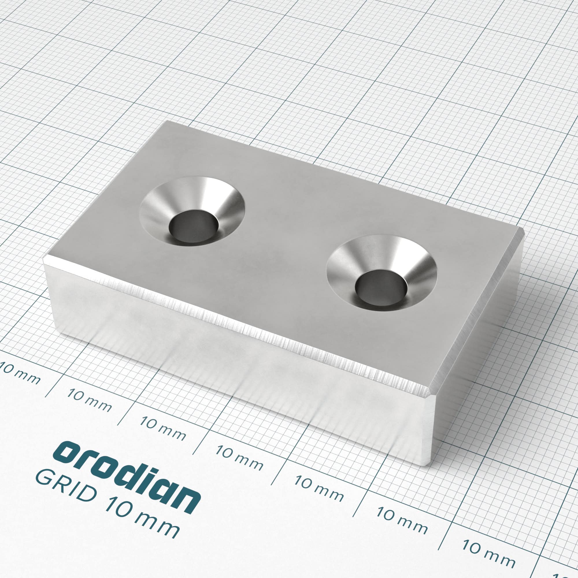 Neodymium magnet, block, 50×30×13 mm, with 2 holes M6 (north pole on the countersunk side) - N45 - Image 2
