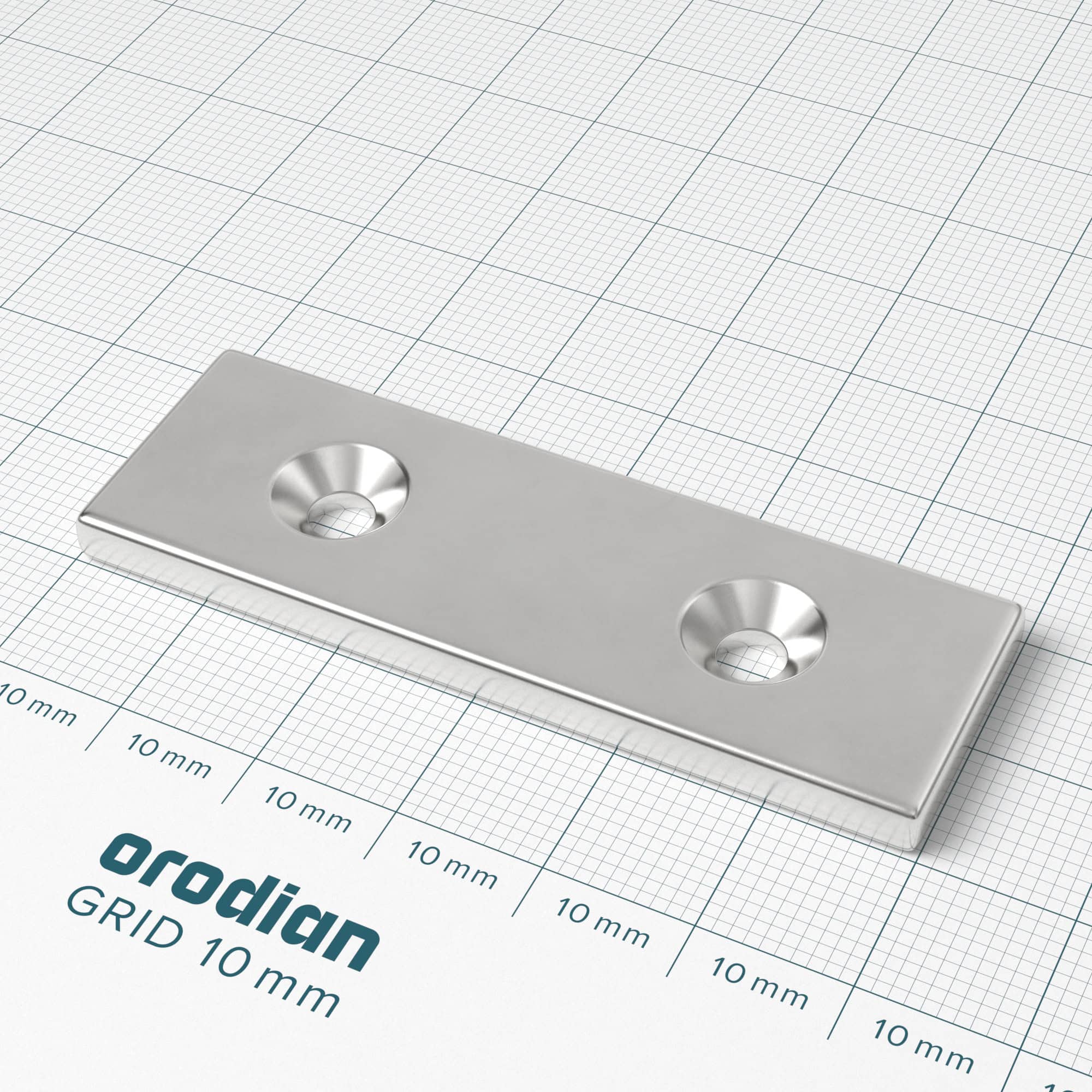 Neodymium magnet, block, 60×20×4 mm, with 2 holes M4 (south pole on the countersunk side) - N38 - Image 2