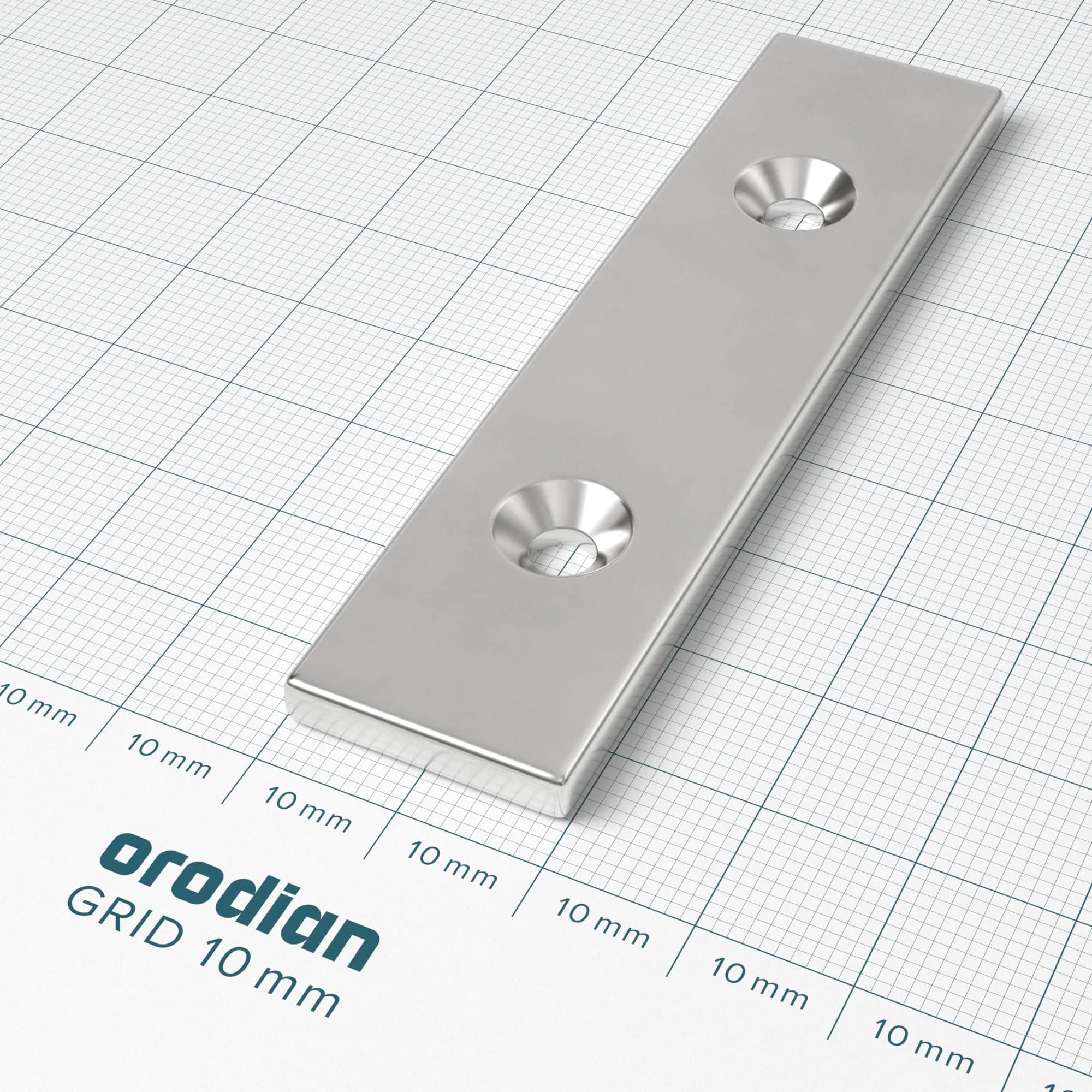 Neodymium magnet, block, 80×20×4 mm, with 2 holes M4 (north pole on the countersunk side) - N38 - Image 2