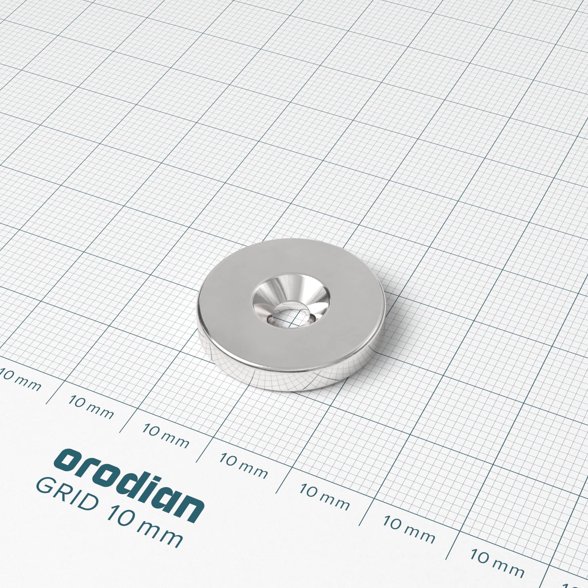 Neodymium magnet, disc, 23×4 mm, with hole M4 (south pole on the countersunk side) - N38 - Image 2