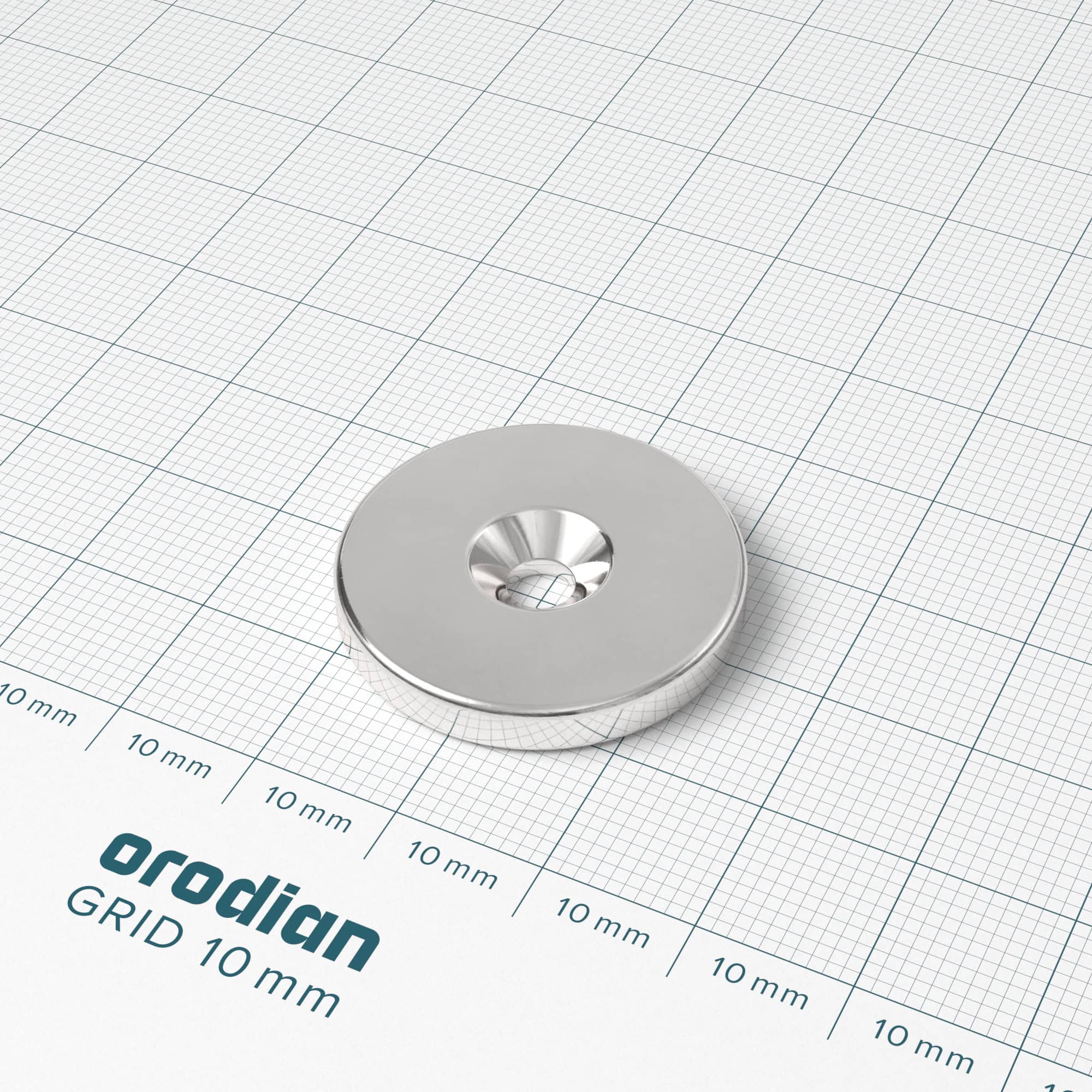 Neodymium magnet, disc, 27×4 mm, with hole M4 (south pole on the countersunk side) - N38 - Image 2