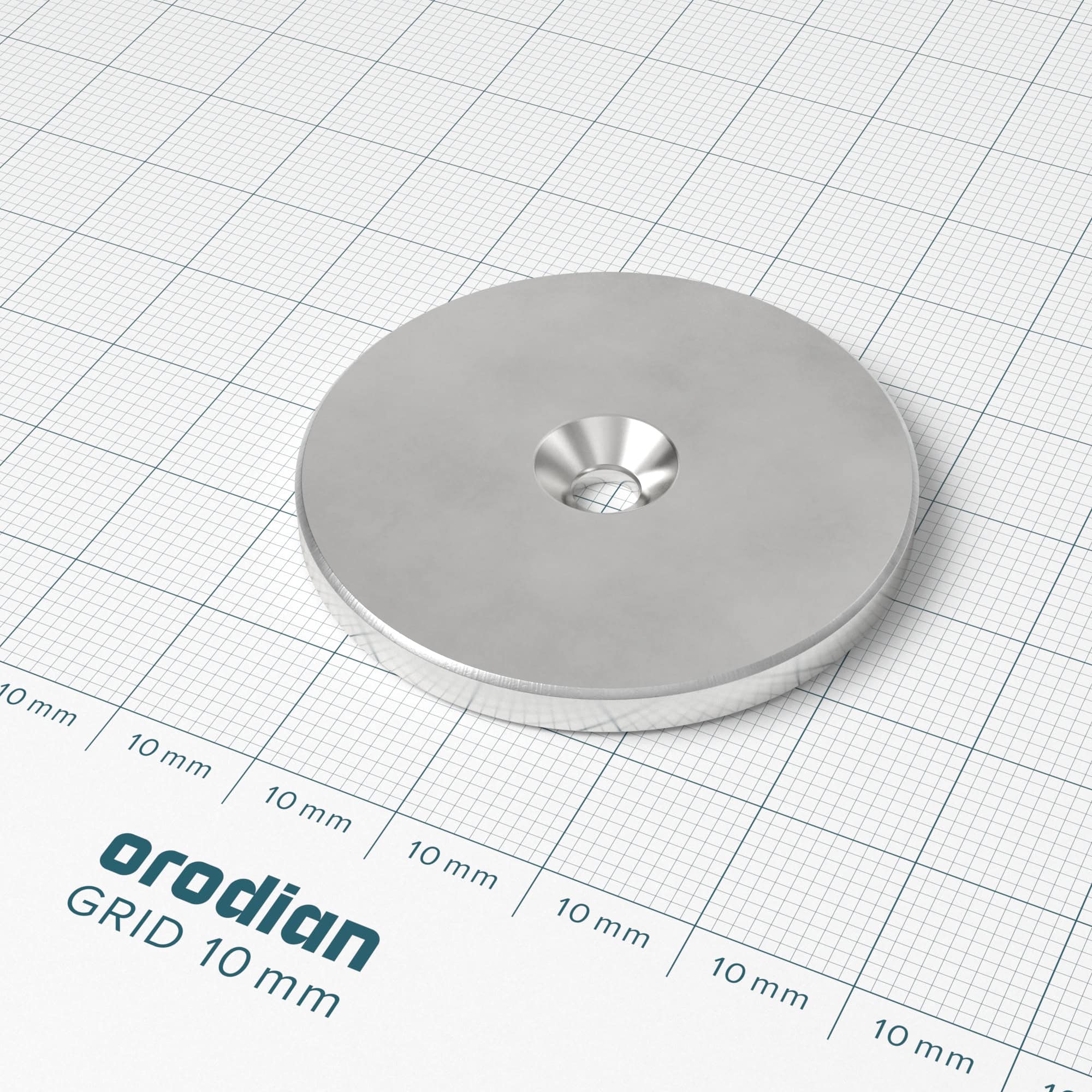 Neodymium magnet, disc, 42×4 mm, with hole M4 (south pole on the countersunk side) - N38 - Image 2