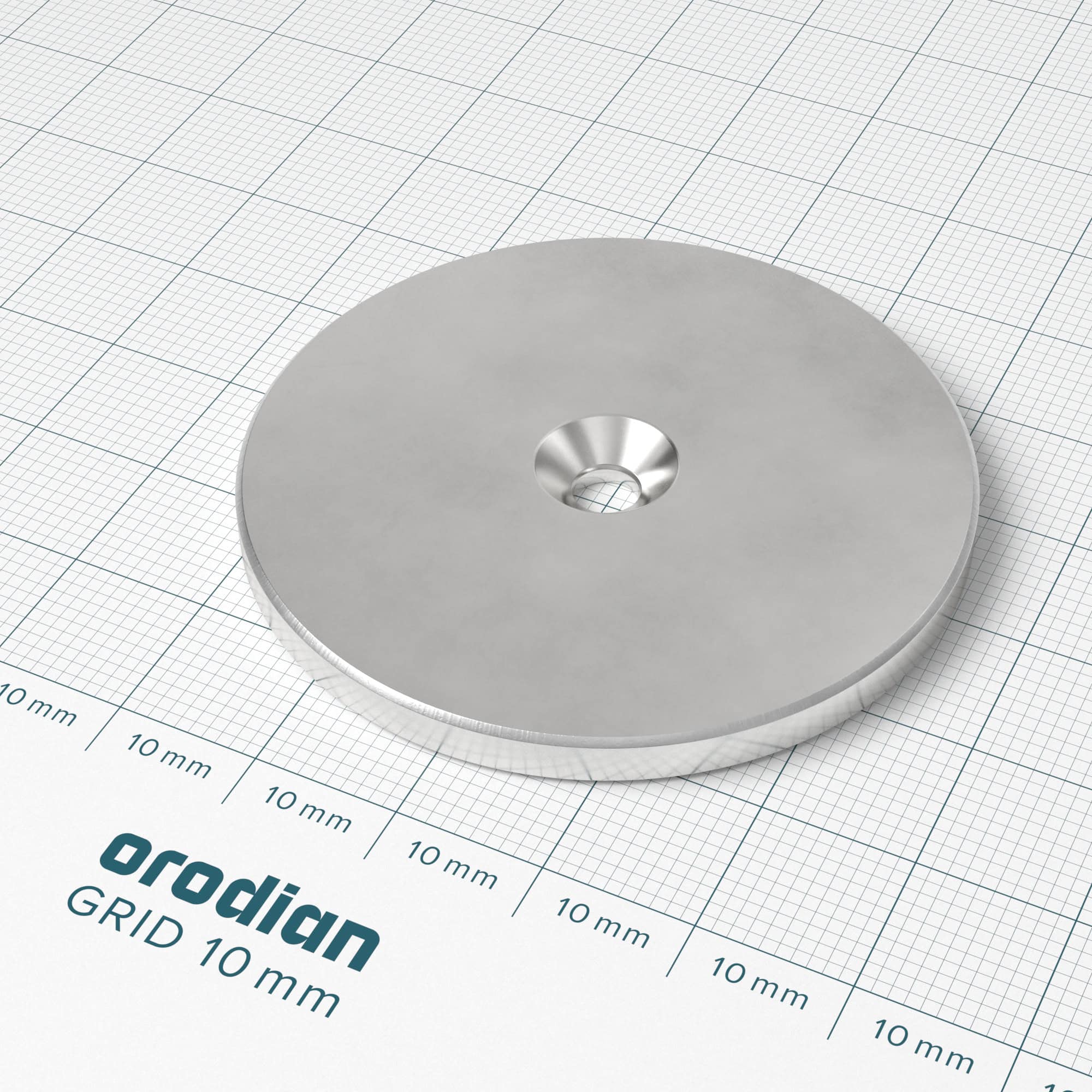 Neodymium magnet, disc, 50×4 mm, with hole M4 (north pole on the countersunk side) - N38 - Image 2