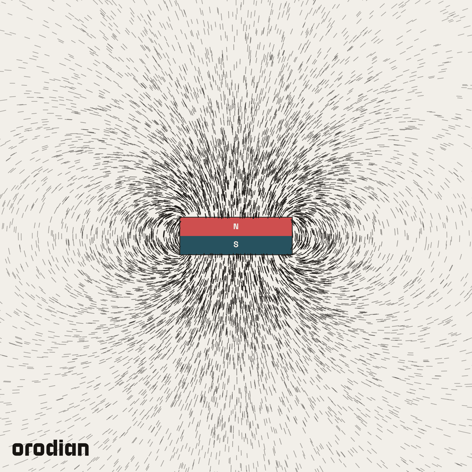 Magnetic field visualized with an
iron-filings pattern — ferrite block magnet 30×20×10 mm, grade Y30BH
(simulation)