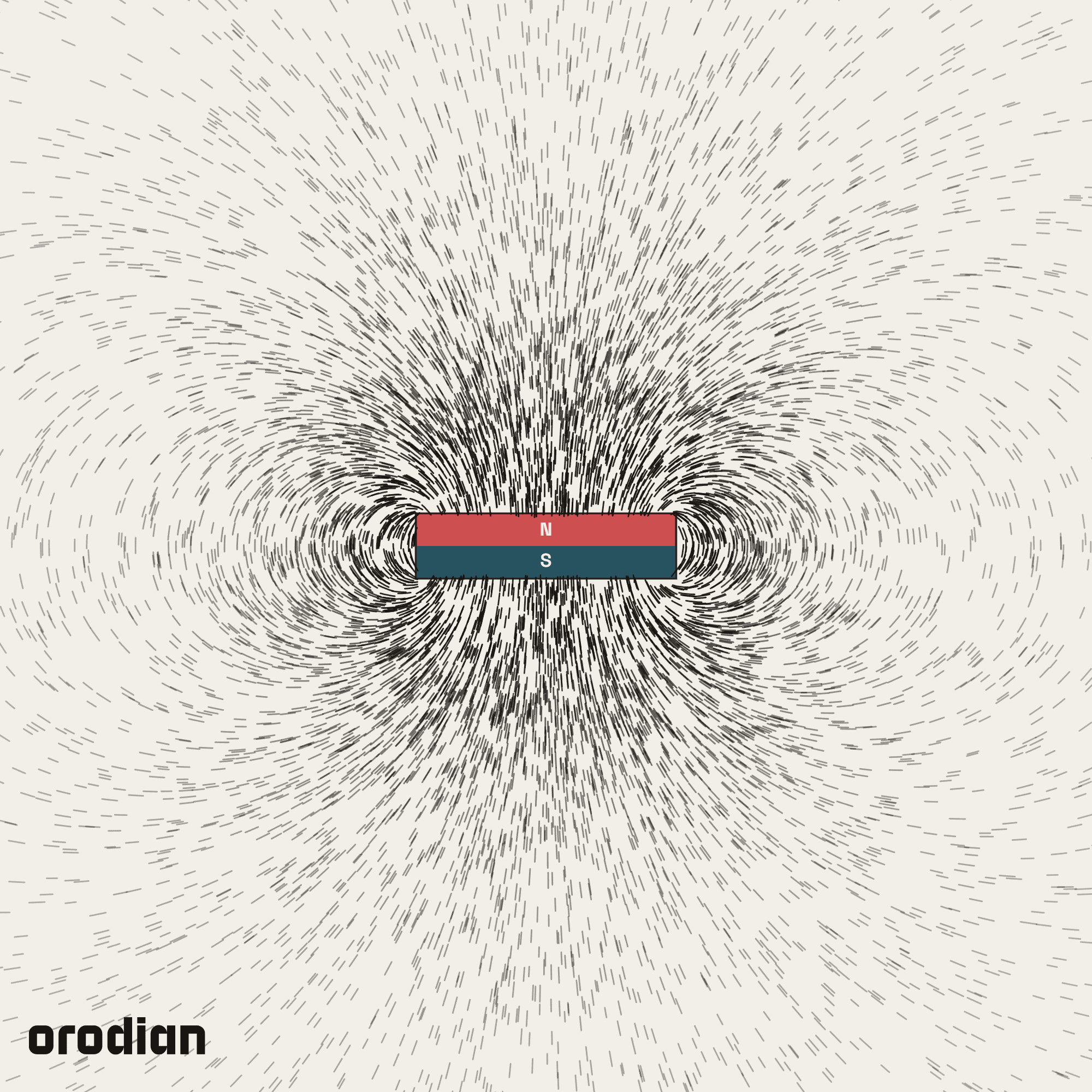 Magnetic field visualized with an
iron-filings pattern — ferrite block magnet 40×25×10 mm, grade Y30BH
(simulation)