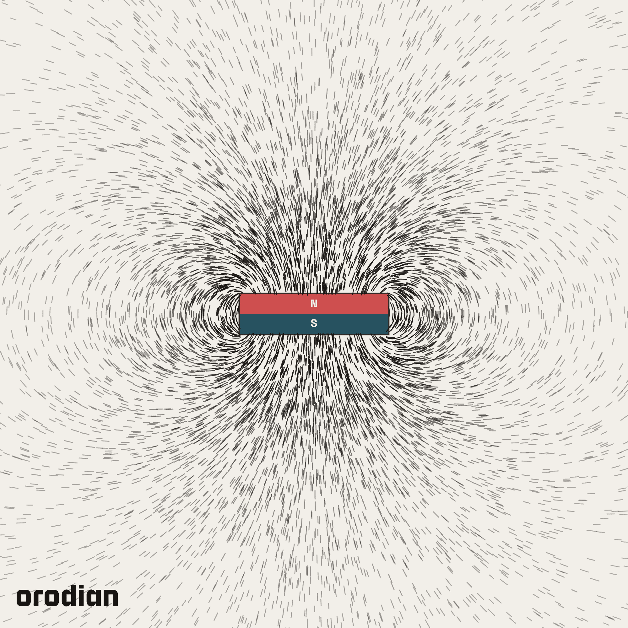 Magnetic field visualized with an
iron-filings pattern — ferrite disc magnet ⌀18×5 mm, grade Y30BH (simulation)
