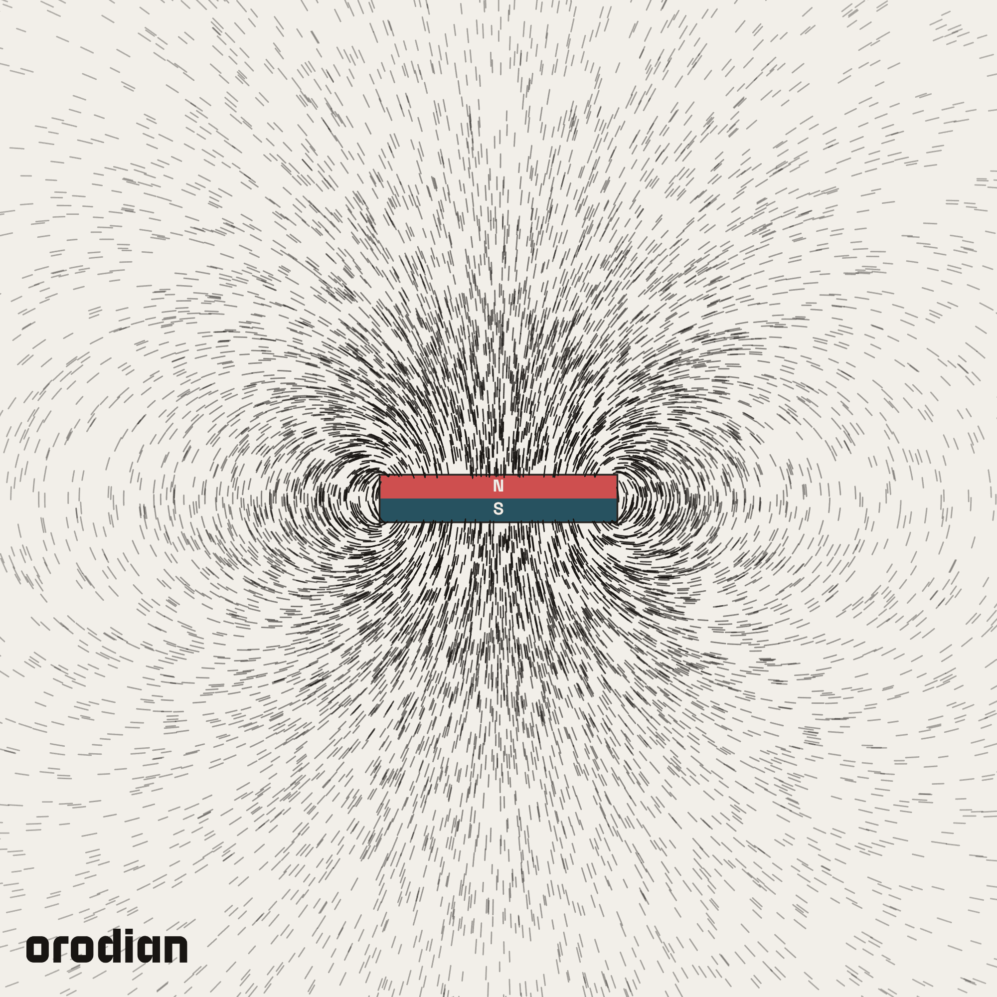 Magnetic field visualized with an
iron-filings pattern — neodymium block magnet 10×10×2 mm, grade N38
(simulation)