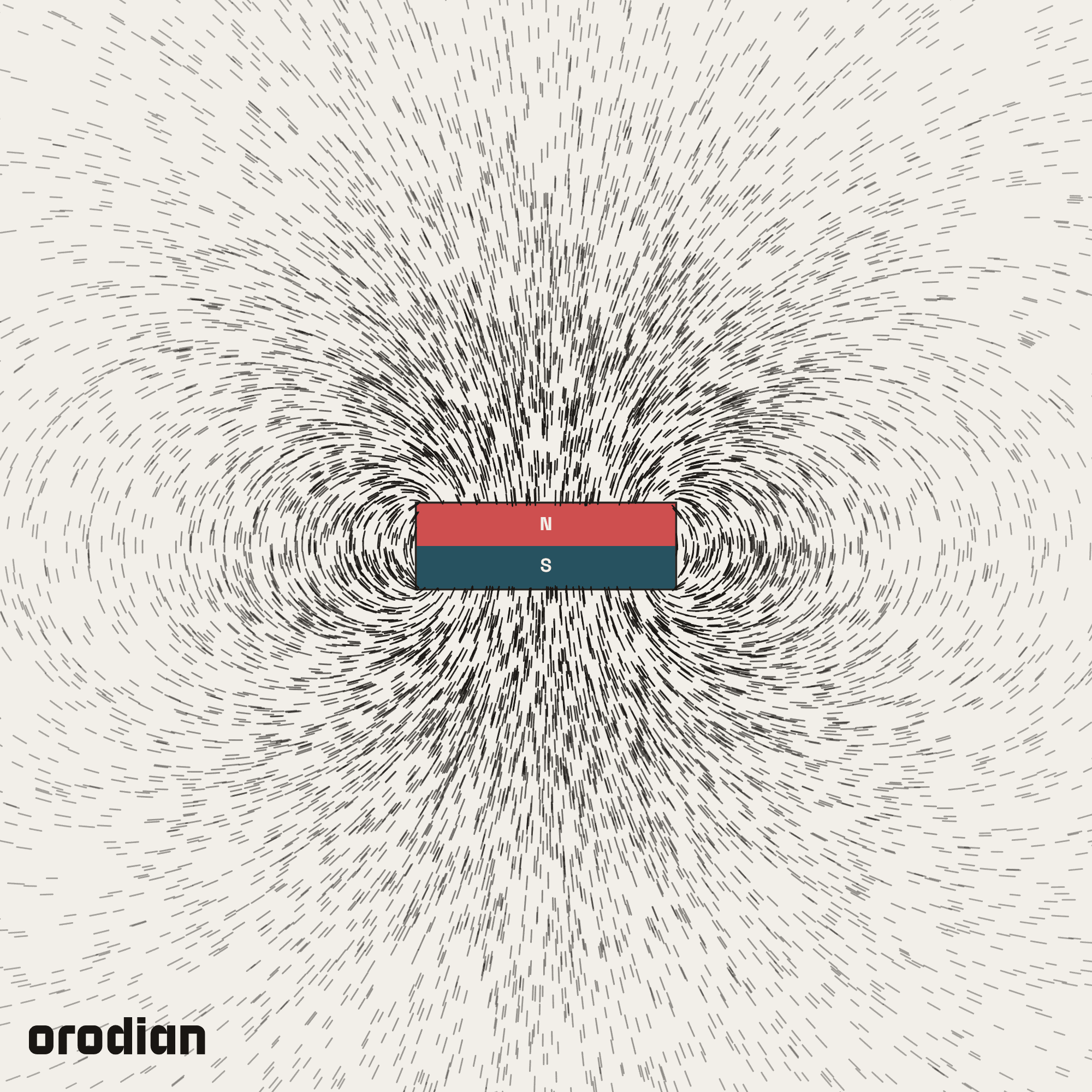 Magnetic field visualized with an
iron-filings pattern — neodymium block magnet 15×15×5 mm, grade N38
(simulation)
