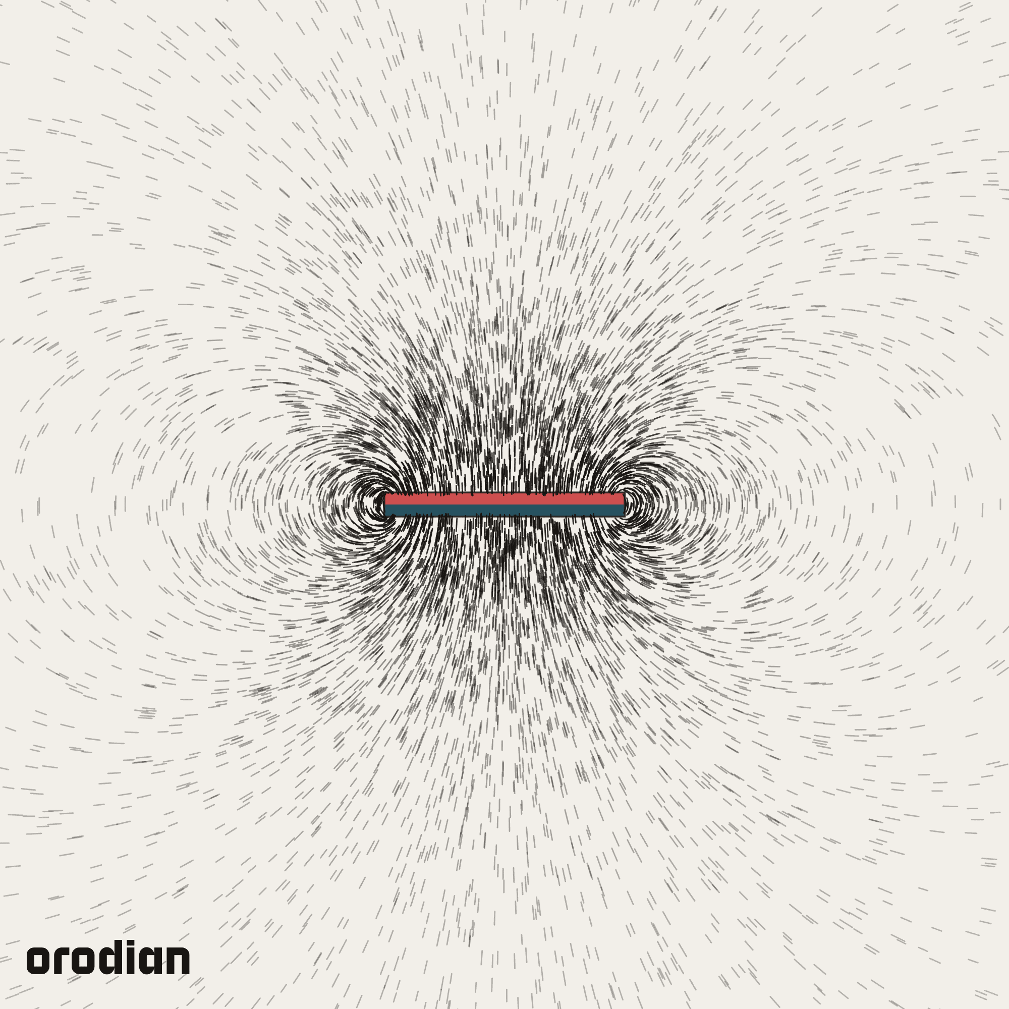 Magnetic field visualized with an
iron-filings pattern — neodymium block magnet 20×10×2 mm, grade N38
(simulation)