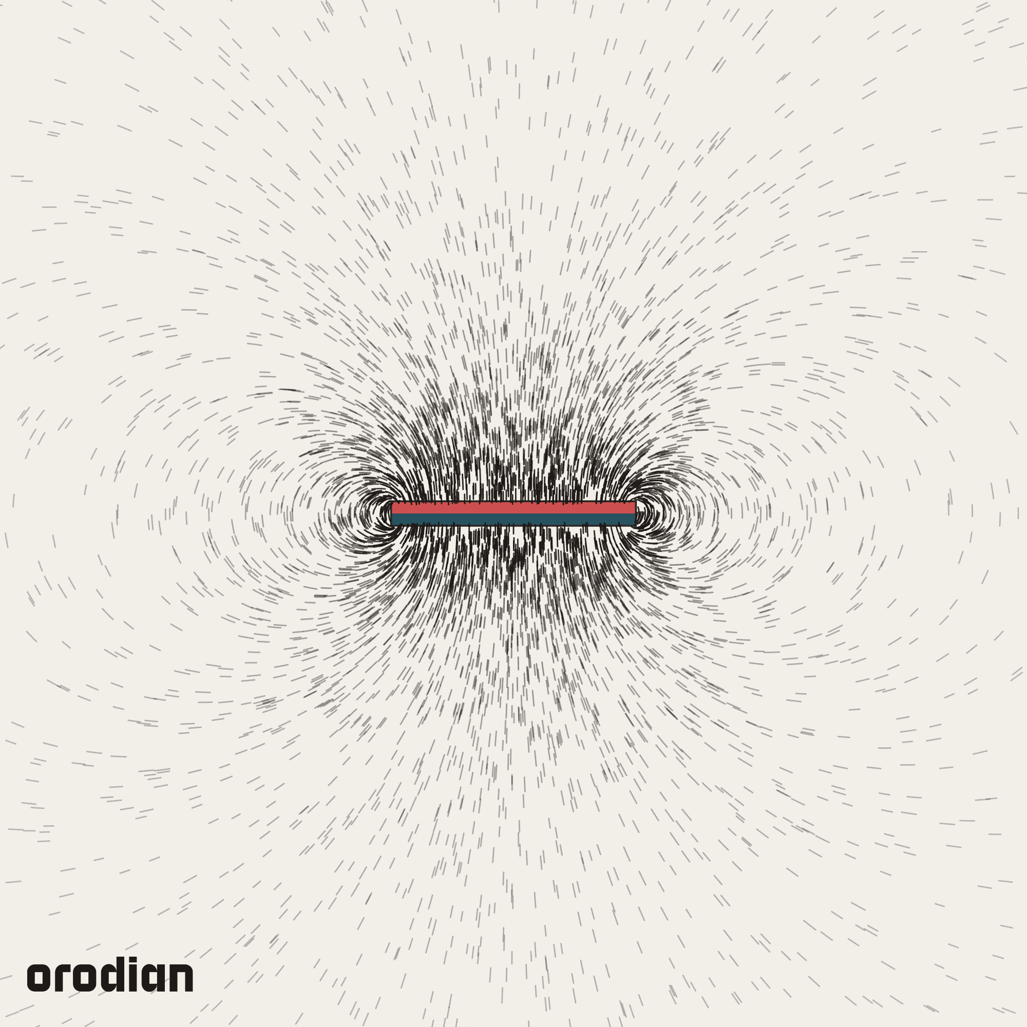 Magnetic field visualized with an
iron-filings pattern — neodymium block magnet 20×5×2 mm, grade N38
(simulation)
