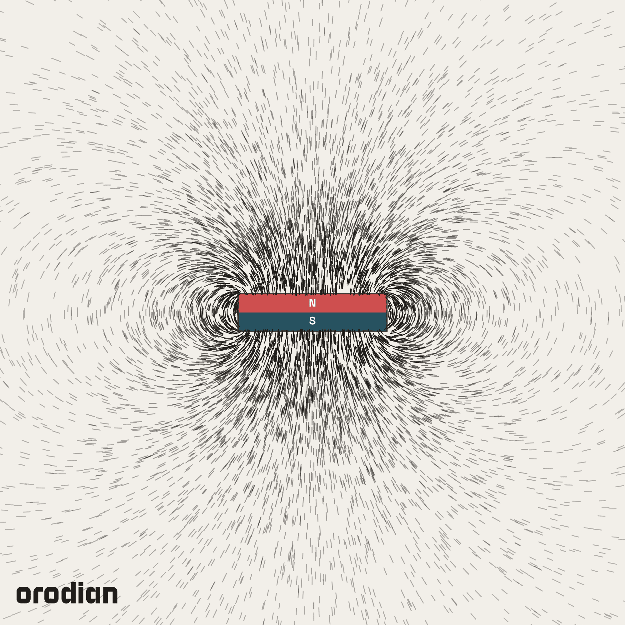 Magnetic field visualized with an
iron-filings pattern — neodymium block magnet 20×8×5 mm, grade N35
(simulation)