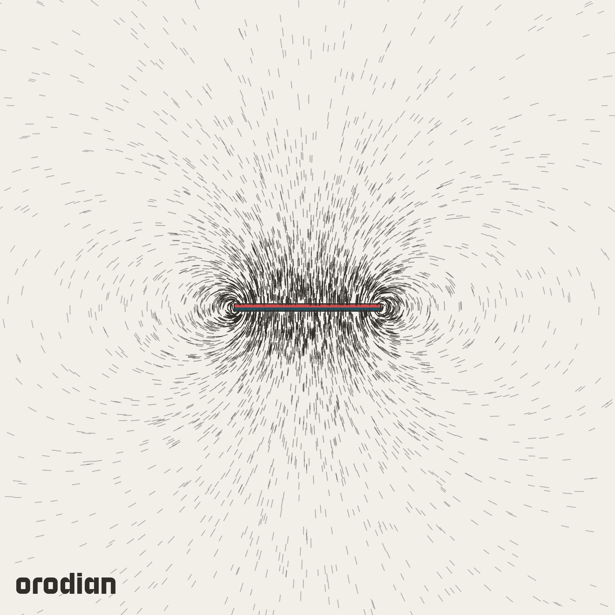 Magnetic field visualized with an
iron-filings pattern — neodymium block magnet 30×10×1.5 mm, grade N38
(simulation)
