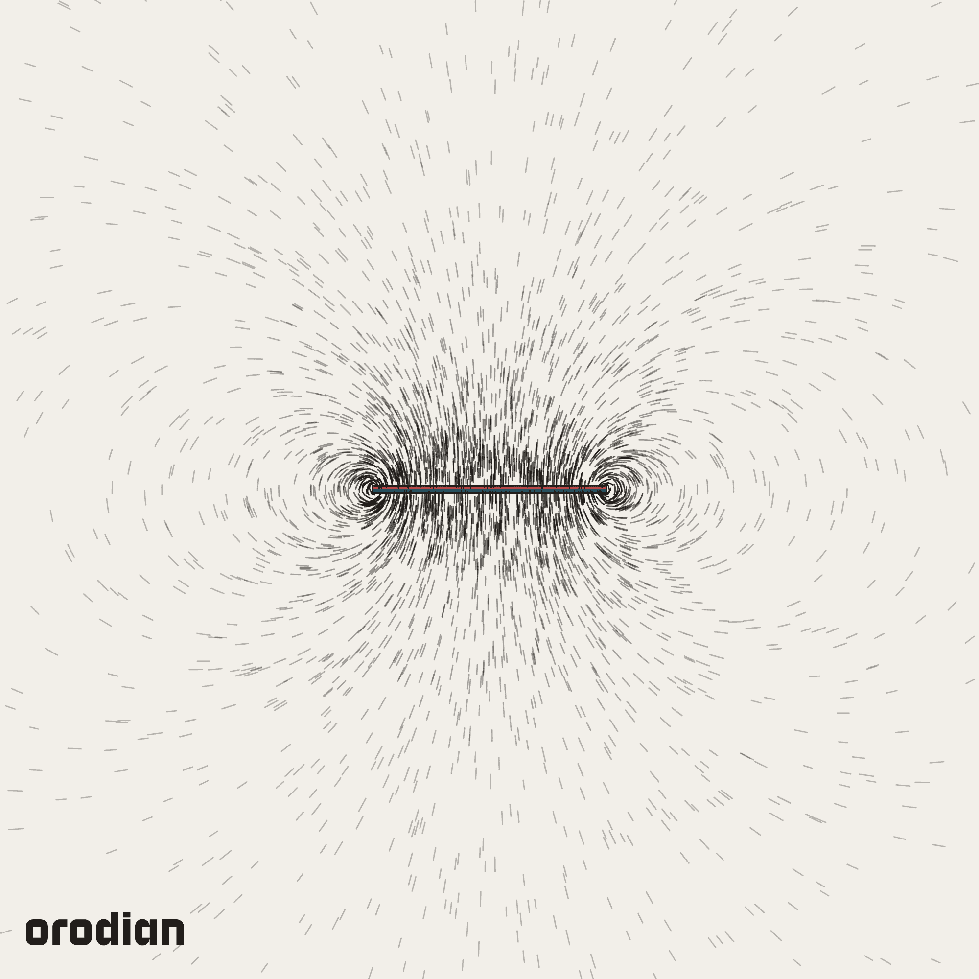 Magnetic field visualized with an
iron-filings pattern — neodymium block magnet 30×10×1 mm, grade N38, with
adhesive backing (simulation)