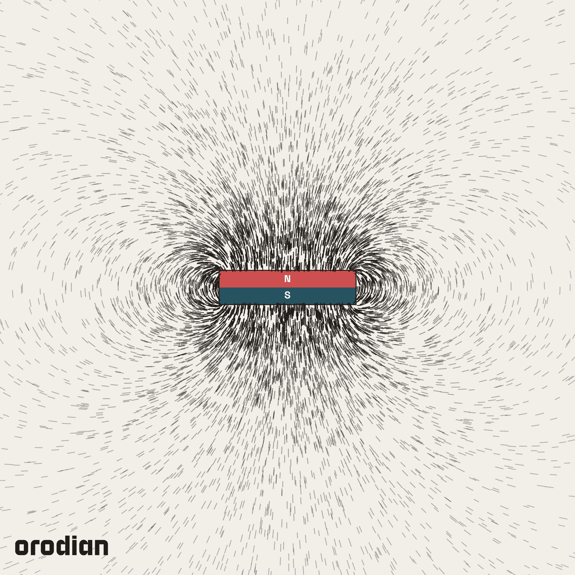 Magnetic field visualized with an
iron-filings pattern — neodymium block magnet 40×10×10 mm, grade N38
(simulation)