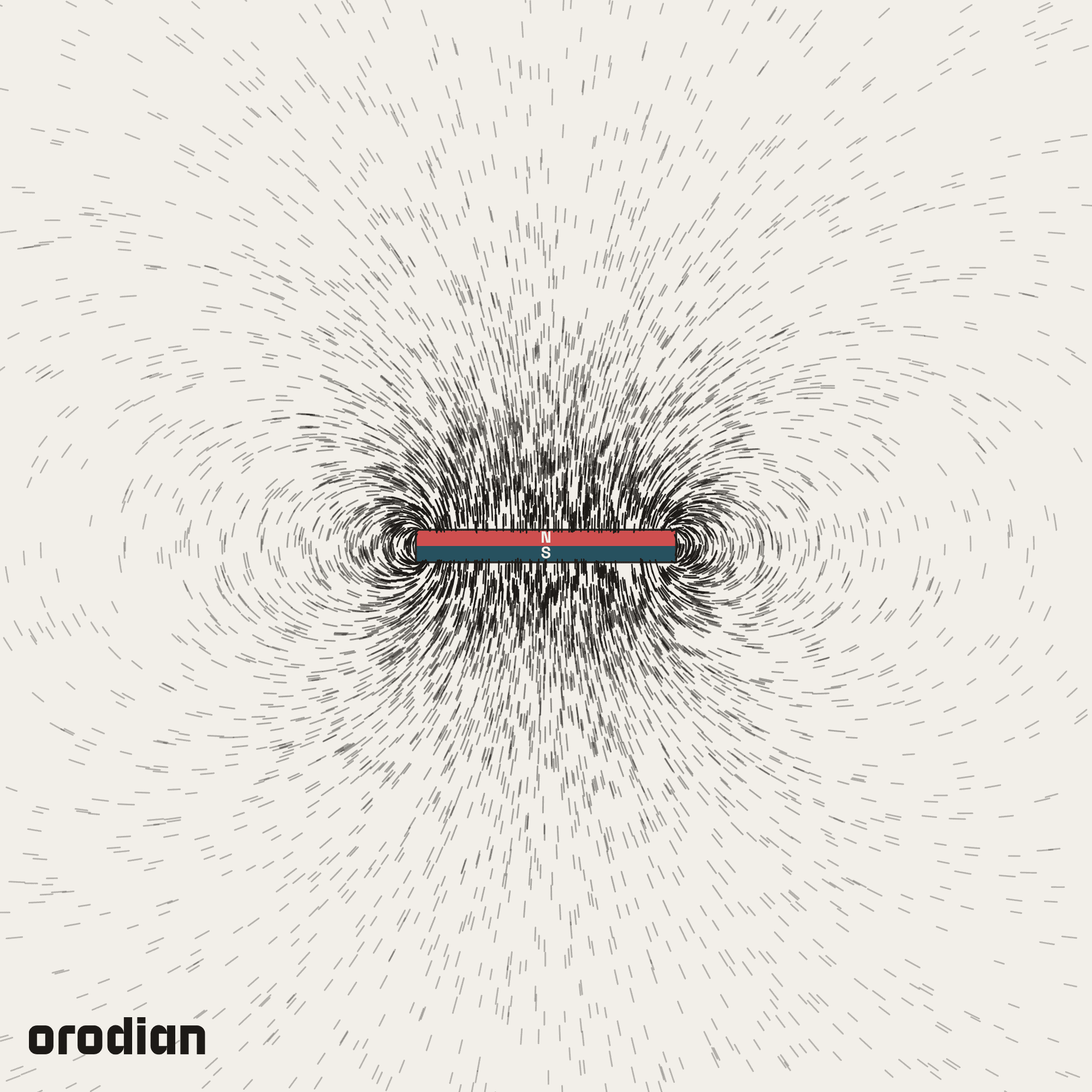 Magnetic field visualized with an
iron-filings pattern — neodymium block magnet 40×10×5 mm, grade N38
(simulation)