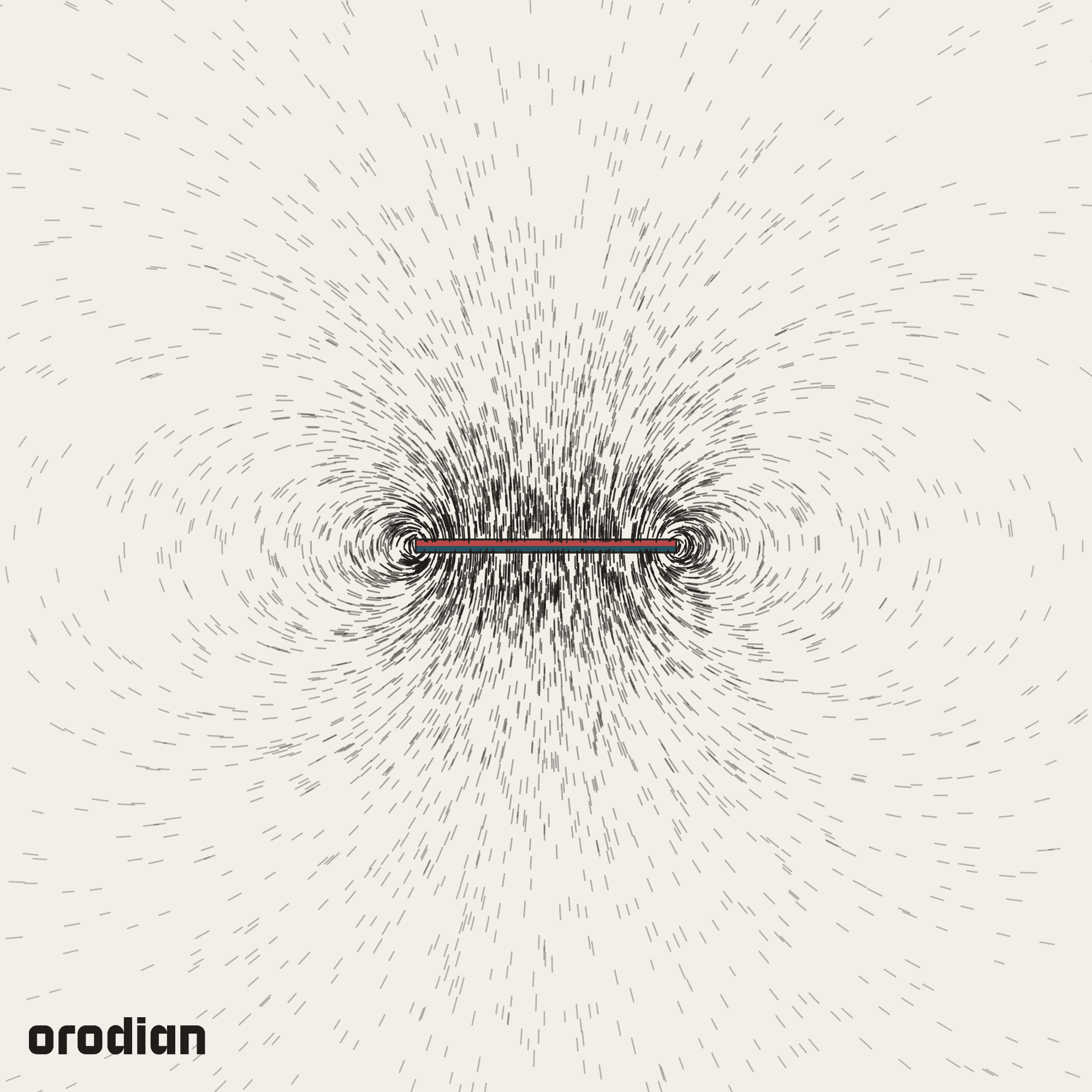 Magnetic field visualized with an
iron-filings pattern — neodymium block magnet 40×15×2 mm, grade N38
(simulation)