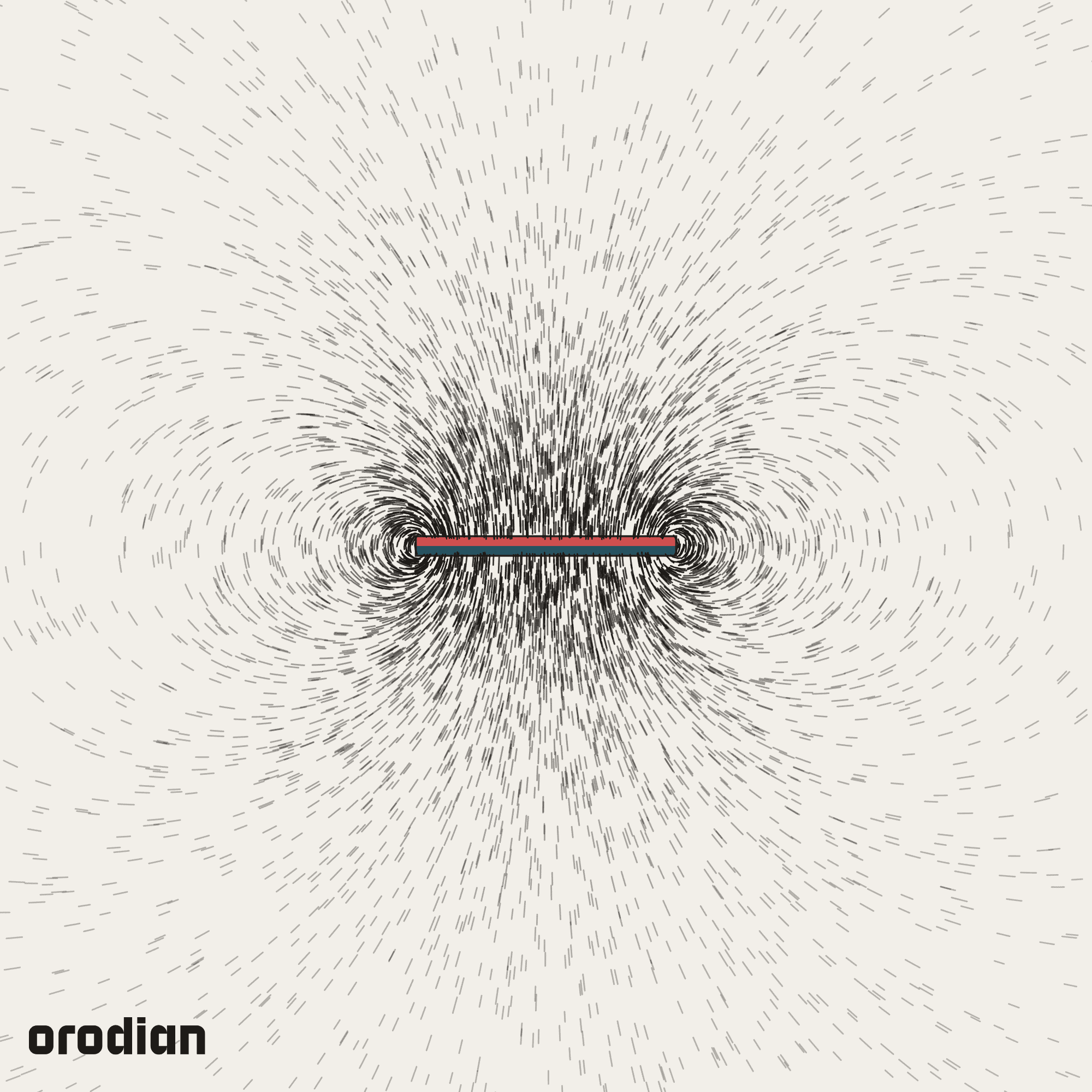 Magnetic field visualized with an
iron-filings pattern — neodymium block magnet 40×20×3 mm, grade N38
(simulation)