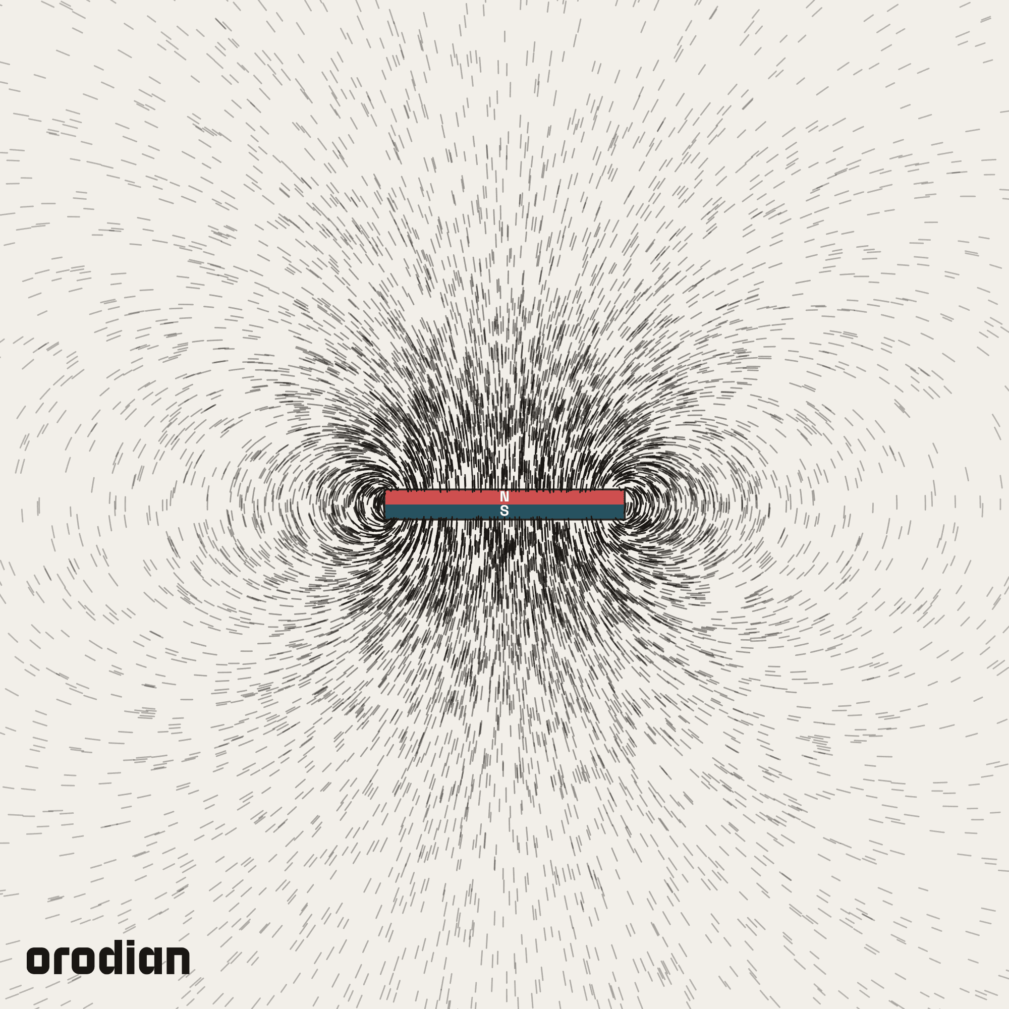 Magnetic field visualized with an
iron-filings pattern — neodymium block magnet 40×20×5 mm, grade N38
(simulation)