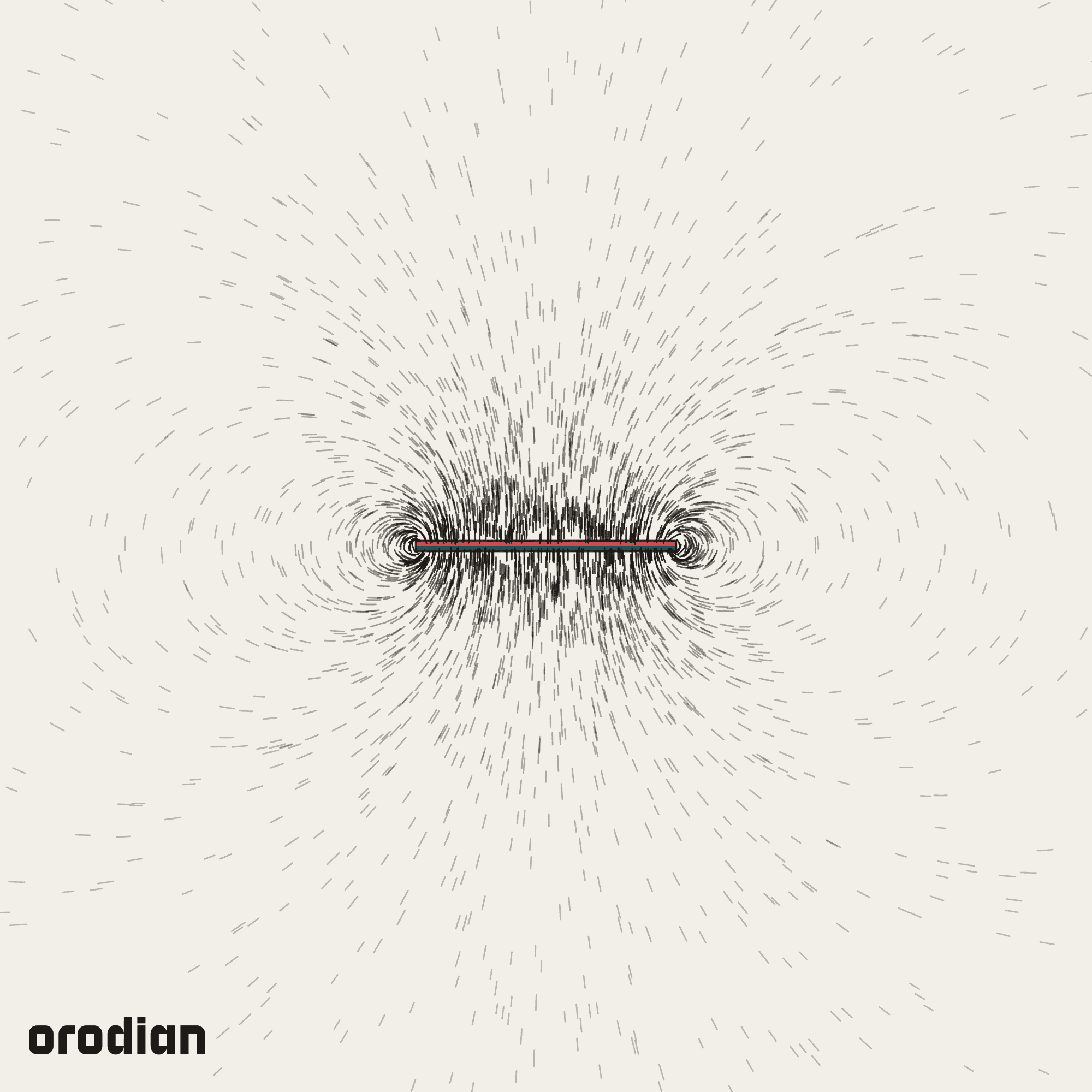 Magnetic field visualized with an
iron-filings pattern — neodymium block magnet 50×10×2 mm, grade N38
(simulation)