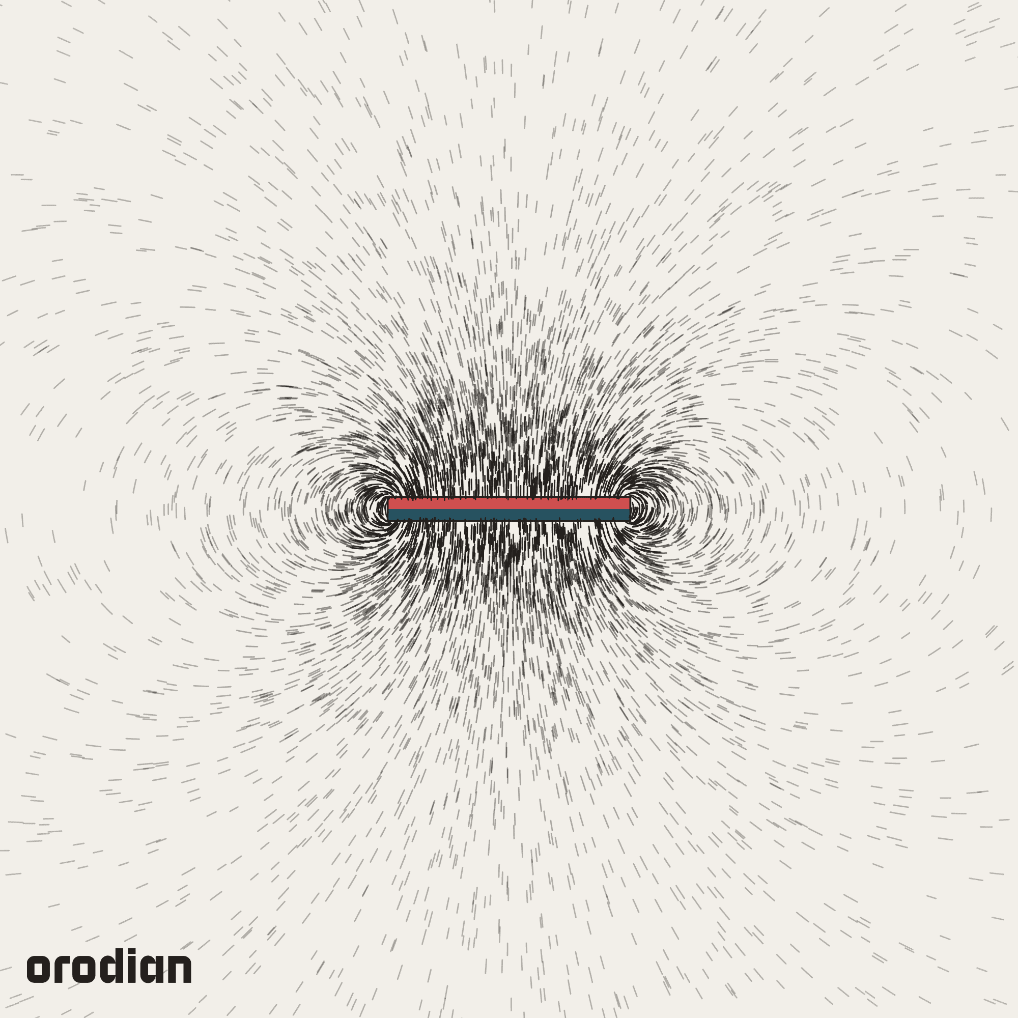 Magnetic field visualized with an
iron-filings pattern — neodymium block magnet 50×15×5 mm, grade N38
(simulation)