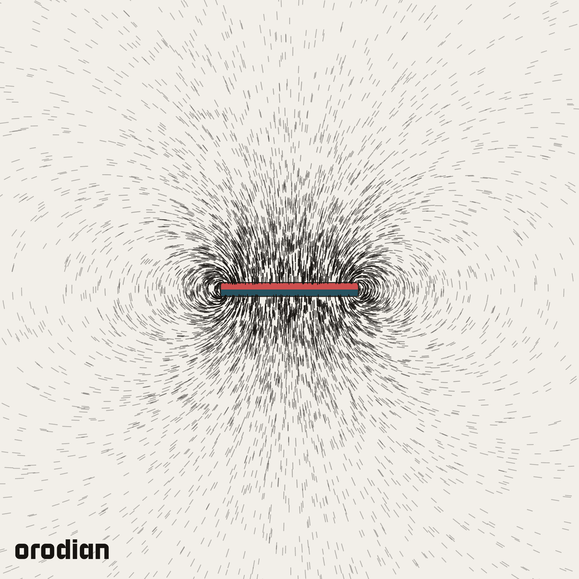 Magnetic field visualized with an
iron-filings pattern — neodymium block magnet 50×20×5 mm, grade N38
(simulation)