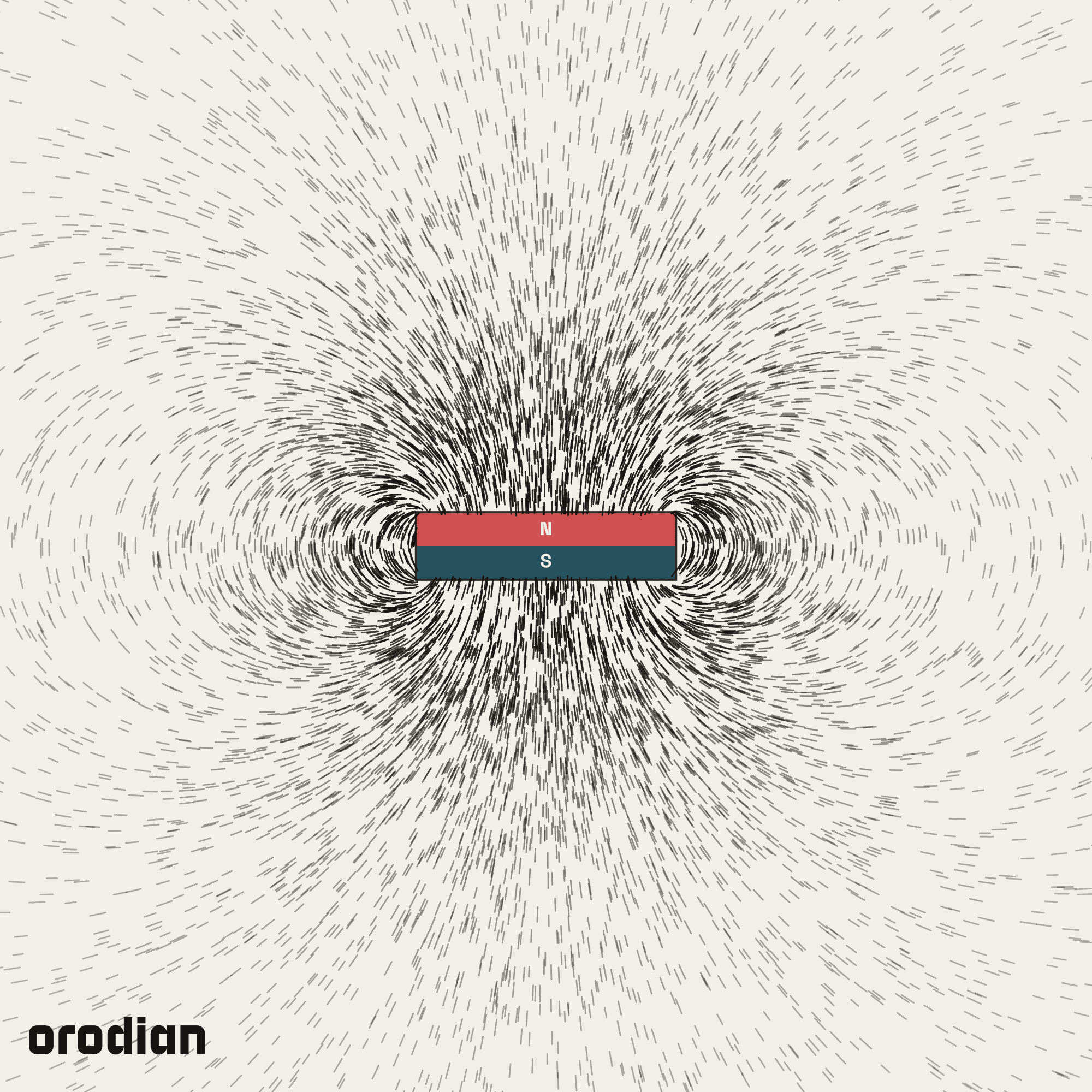 Magnetic field visualized with an
iron-filings pattern — neodymium block magnet 50×30×13 mm, grade N35
(simulation)