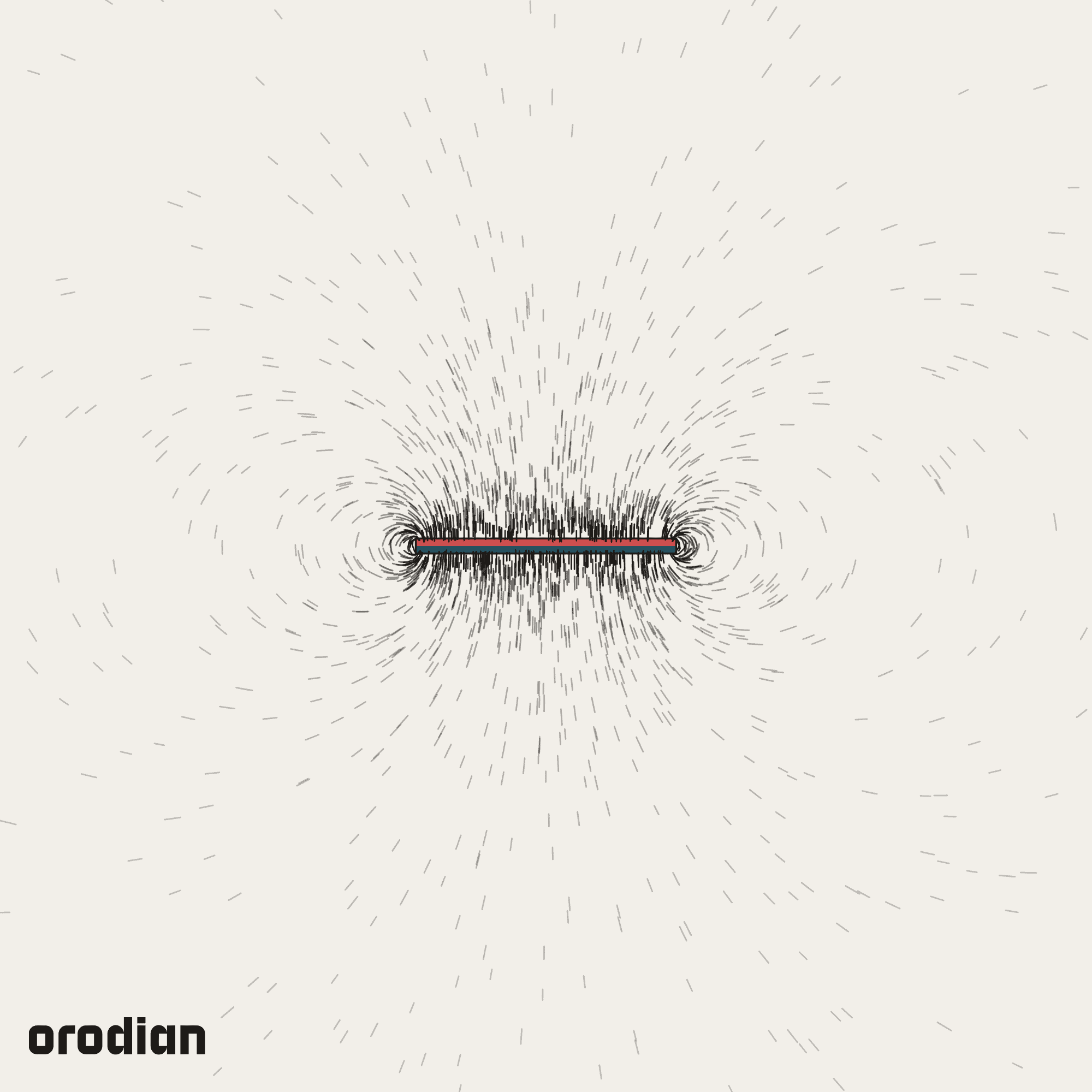 Magnetic field visualized with an
iron-filings pattern — neodymium block magnet 87×5×5 mm, grade N38
(simulation)